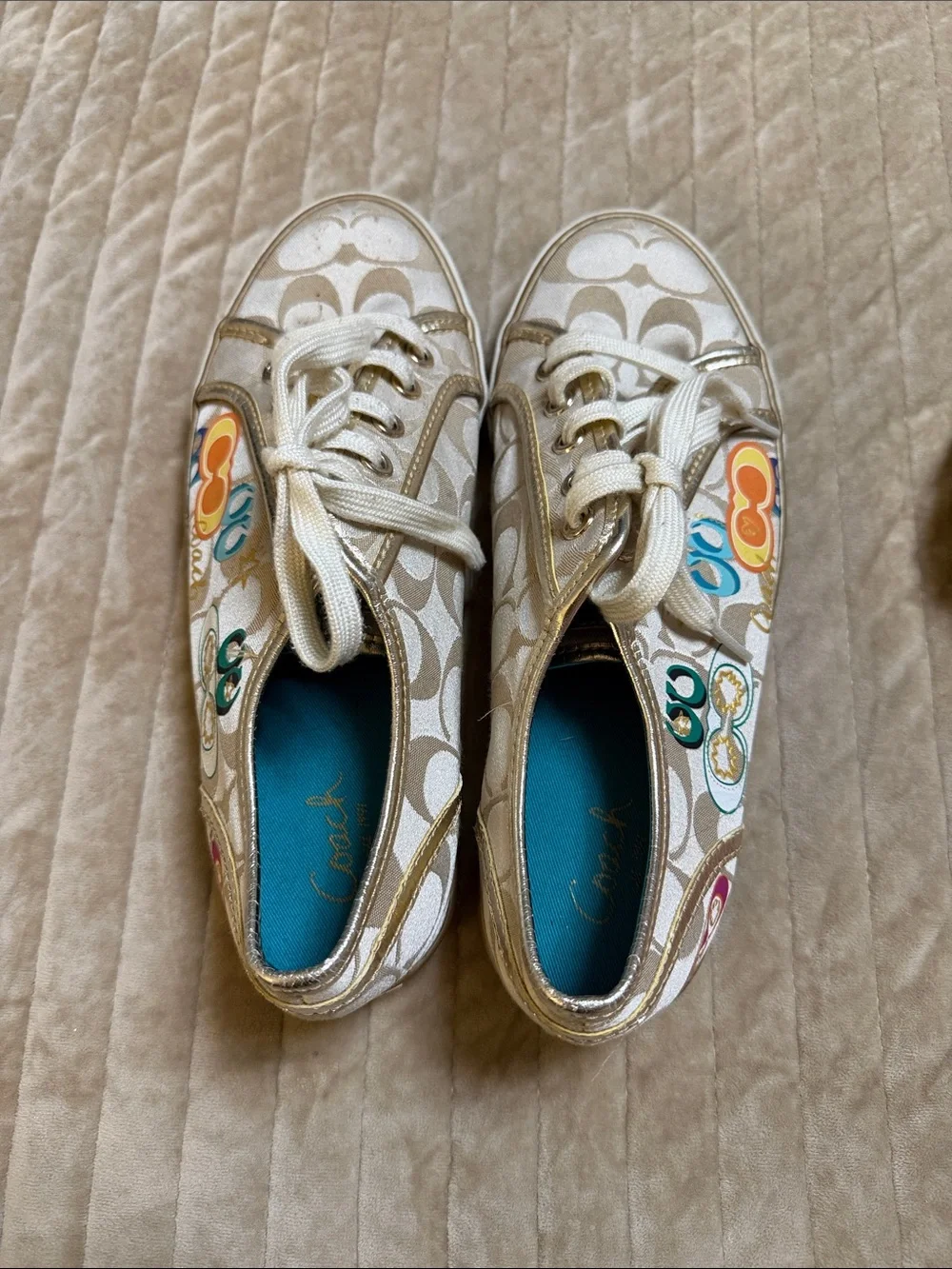 Coach Kids Cream Canvas Sneakers with Gold Trim and Multicolor Accents